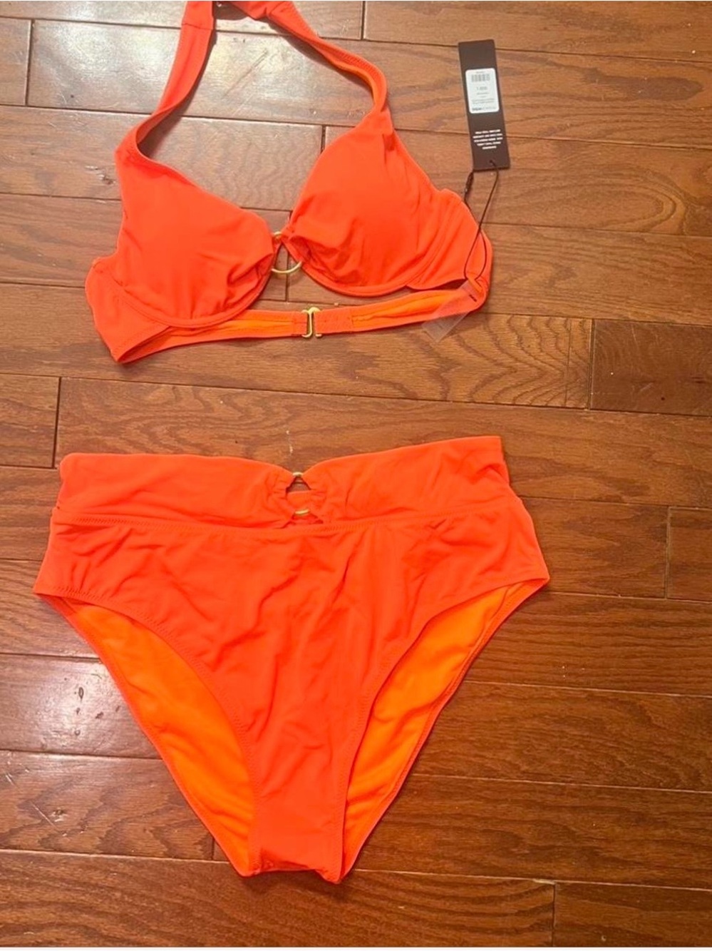 Fashion Nova Neon Orange High-Waist Halter Bikini Set